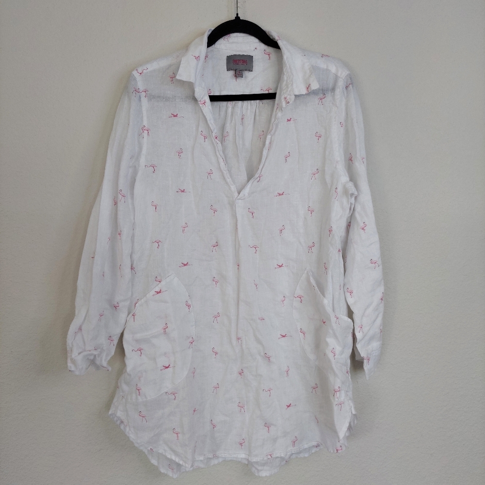 FORCYNTHIA Linen Long Sleeve Flamingo Print Beach Cover Up Tunic Top Size XL